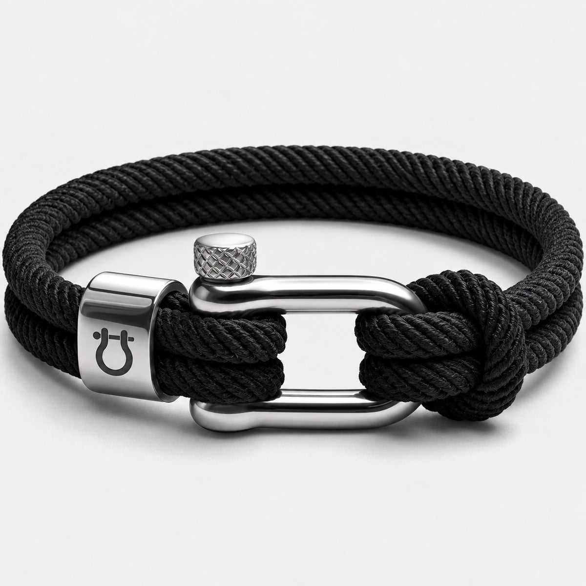 Halyard bracelet, steel shackle on black cord