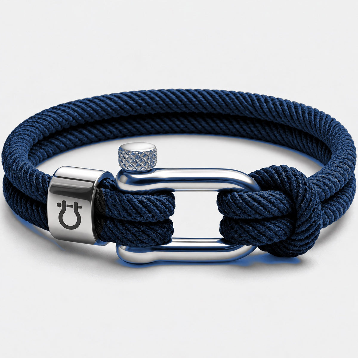 Halyard bracelet, steel shackle on navy cord