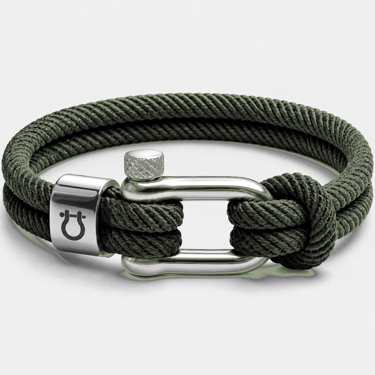 Halyard bracelet, steel shackle on olive cord