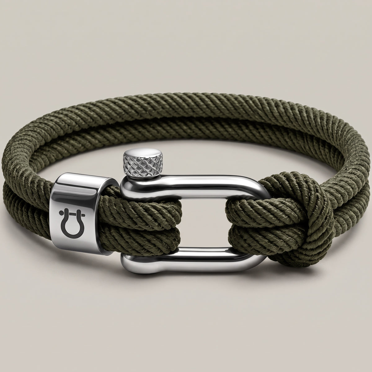 Halyard bracelet, steel shackle on olive cord